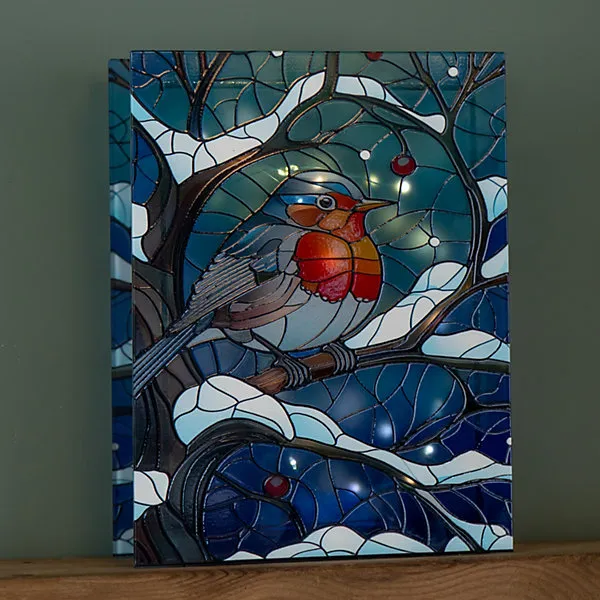 28cm Battery Powered Light up Stained Glass Christmas Decoration with Robin  & Warm White LEDs