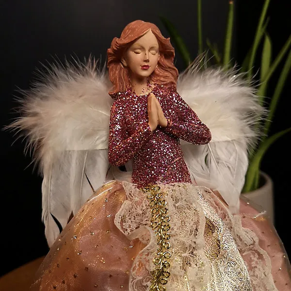 28cm Premier Christmas Tree Topper Angel Decoration with Feather Wings in  Pink & Gold