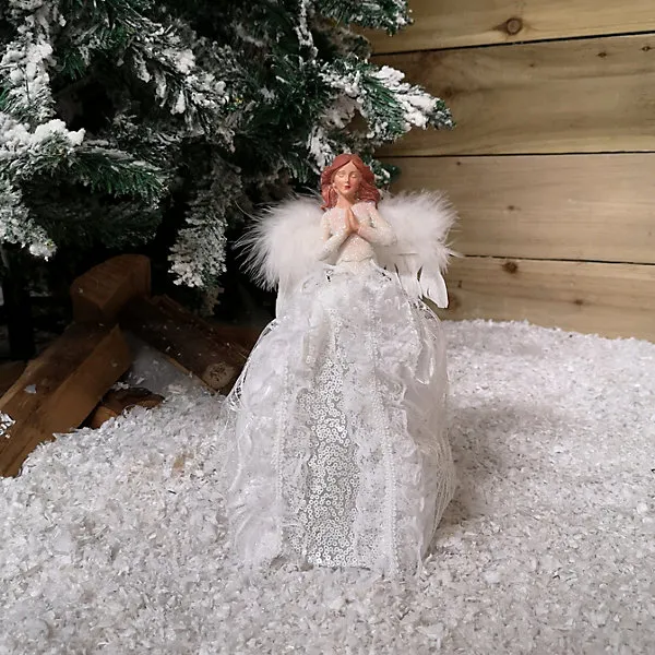 28cm Premier Christmas Tree Topper Angel Decoration with Feather Wings in  White