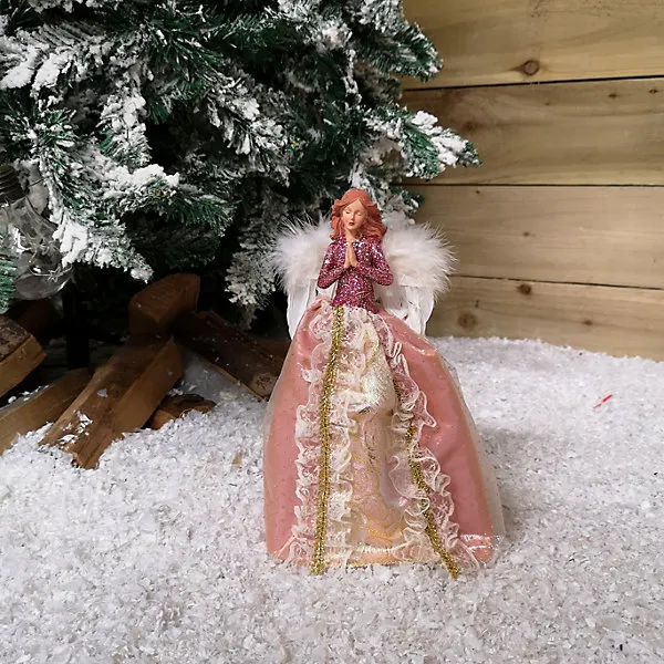 28cm Premier Christmas Tree Topper Angel Decoration with Feather Wings in  Pink & Gold