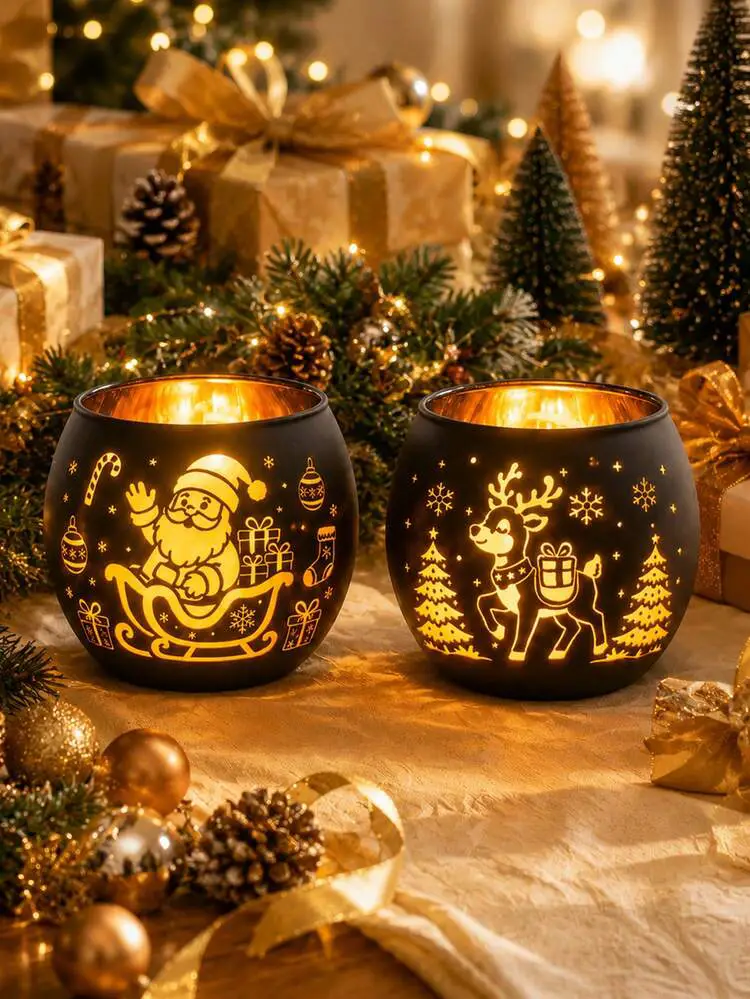 2pcs Christmas Glass Candle Holders, Desktop Christmas Style Santa Claus & Reindeer Design Candle Holders, Suitable For Christmas Table Decor, Christmas Home Decor, No Power Or Battery Required, ...