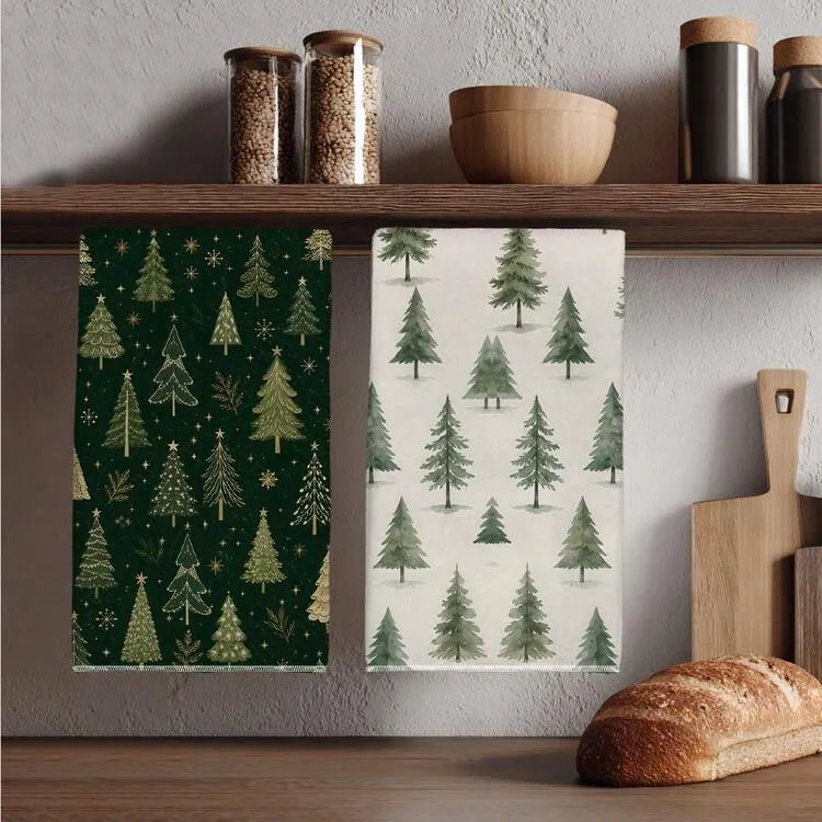 2PCS Kitchen Towels Watercolor Green Christmas Tree Print 40*60cm Watercolor Style Rectangular Microfiber Kitchen