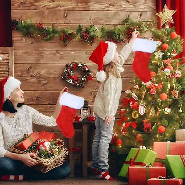3Pcs Luxury Plush Red Christmas Stockings Set,Extra Thick Red Velvet Large  Christmas Socks with White