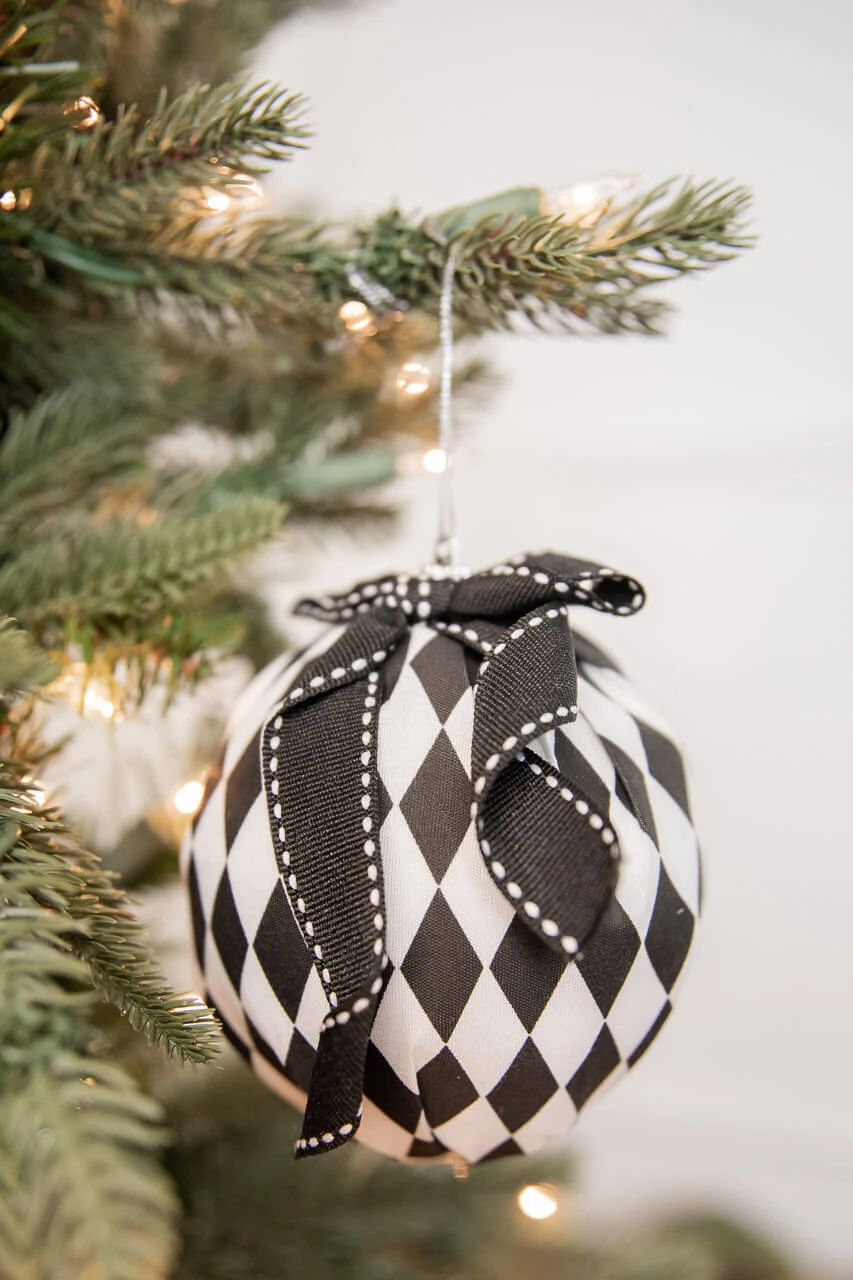 4” Black and White Harlequin Bow Ball Ornament - Decorator's Warehouse