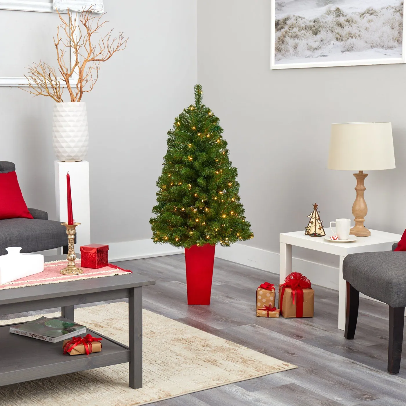 4.5' Virginia Fir Artificial Christmas Tree with 100 Clear Lights and 223 Bendable Branches in Red Planter | Nearly Natural