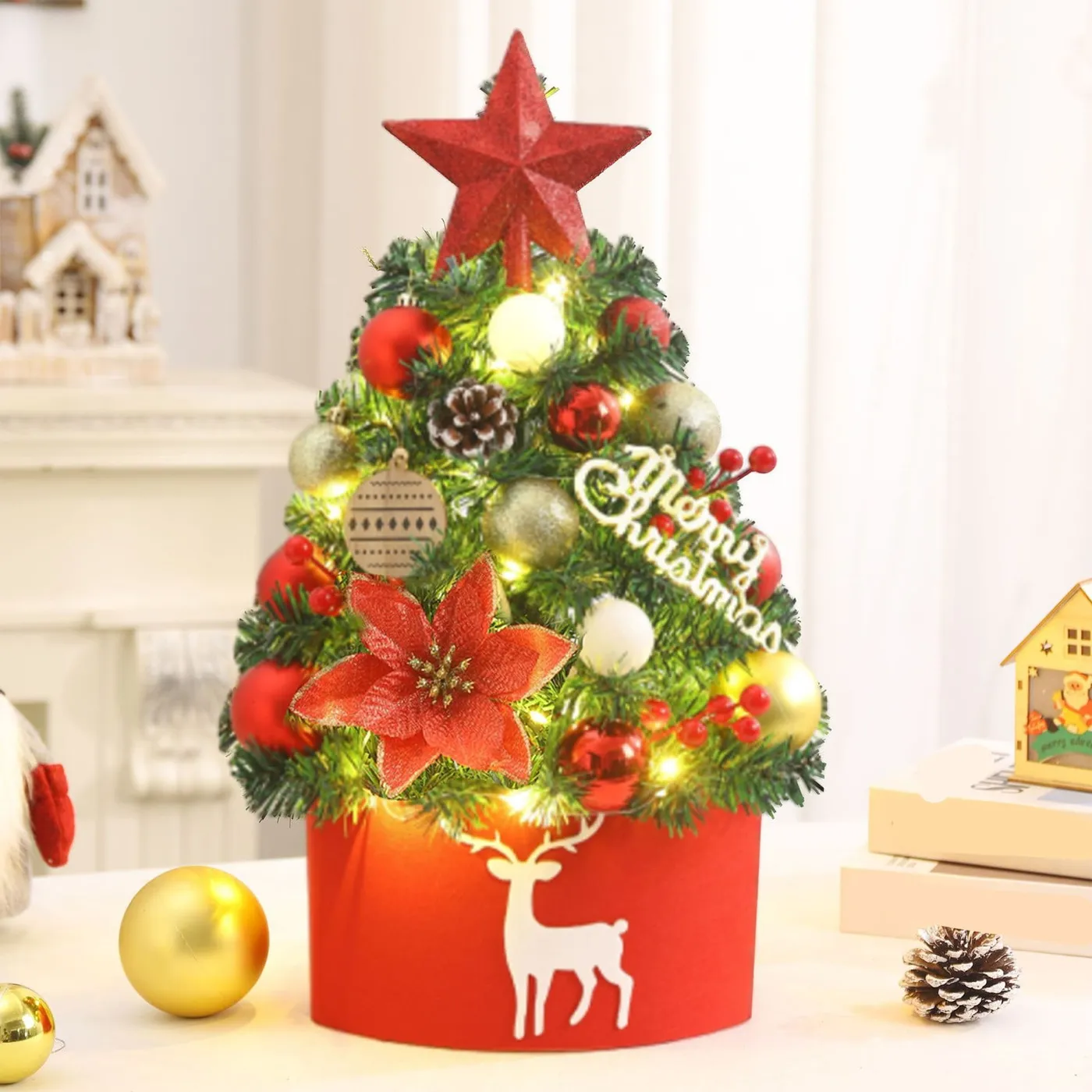 45cm Flocked Mini Artificial Christmas Tree, Pre-Lit Desktop Decor for  Apartment Office Shelf, PVC Needle Festive Ornament with Wood Base -  Walmart.ca
