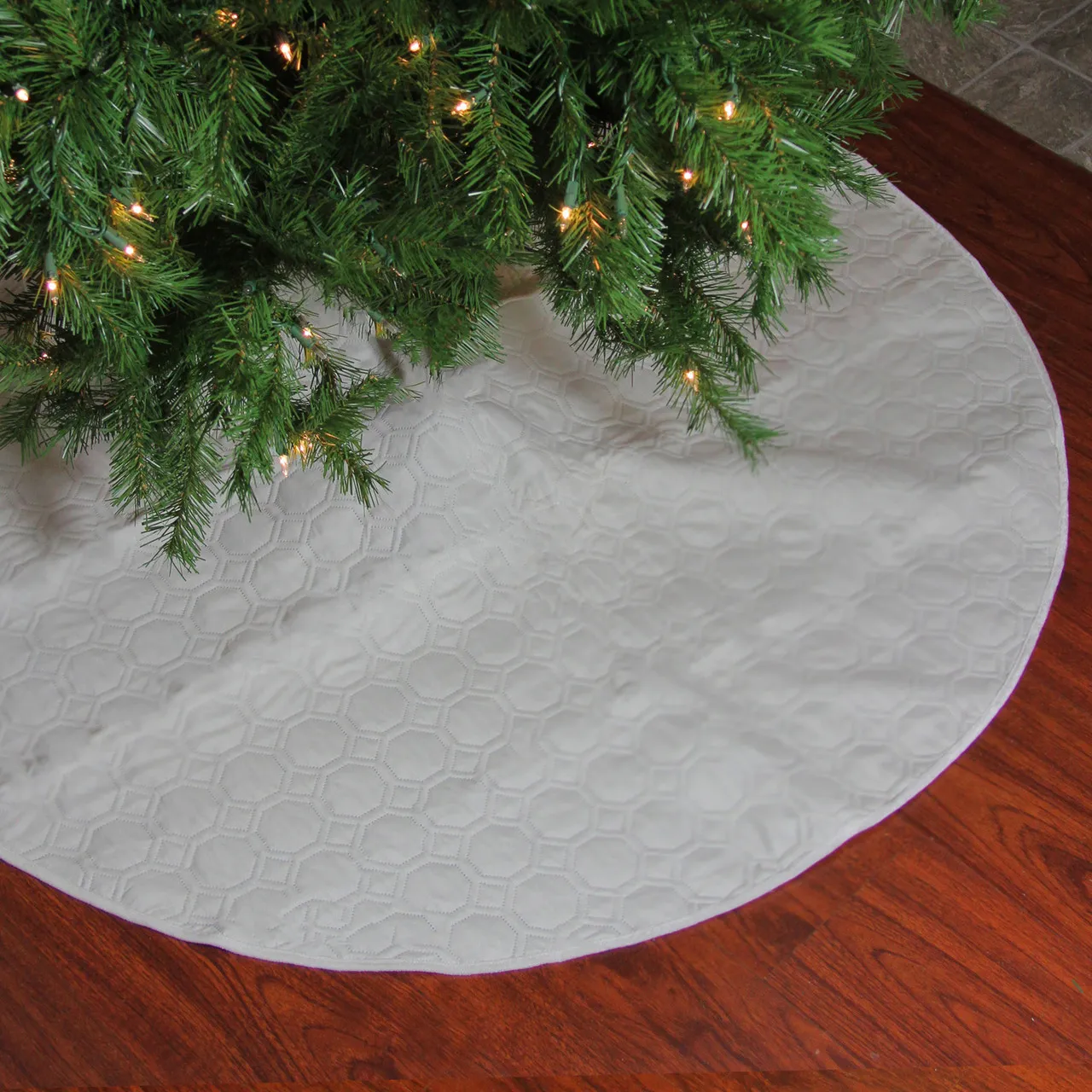 48' Cream Quilted Christmas Hexagon Tree Skirt with Velvety Trim | Christmas