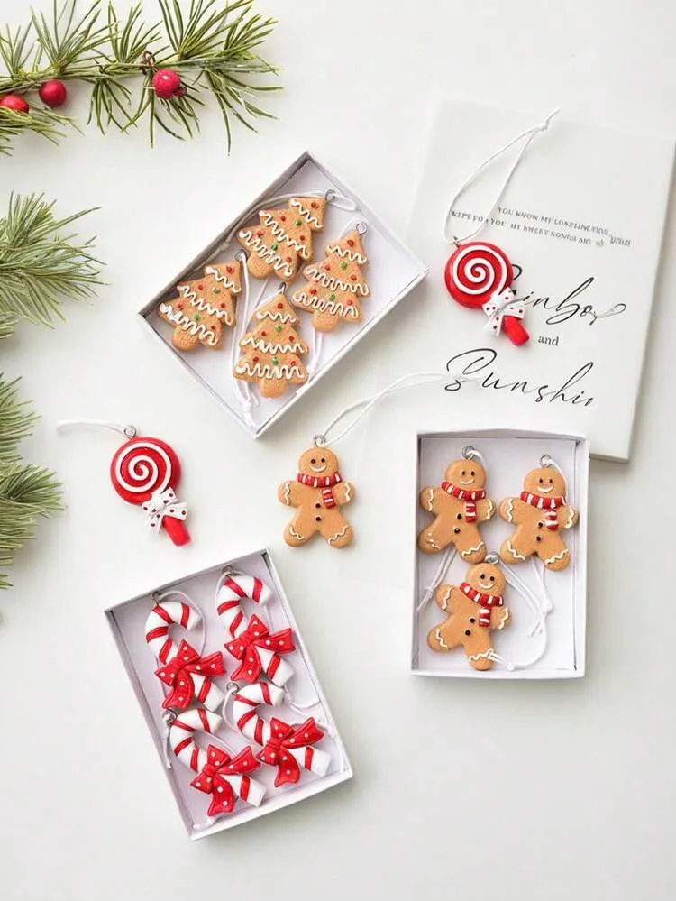 4pcs Christmas Gingerbread Man Pendant, Resin Candy Decoration Set, DIY Christmas Tree Decoration, Christmas Pendant, Christmas Gift, Christmas Party, Home Decoration, Exquisite Gift Box Christmas .