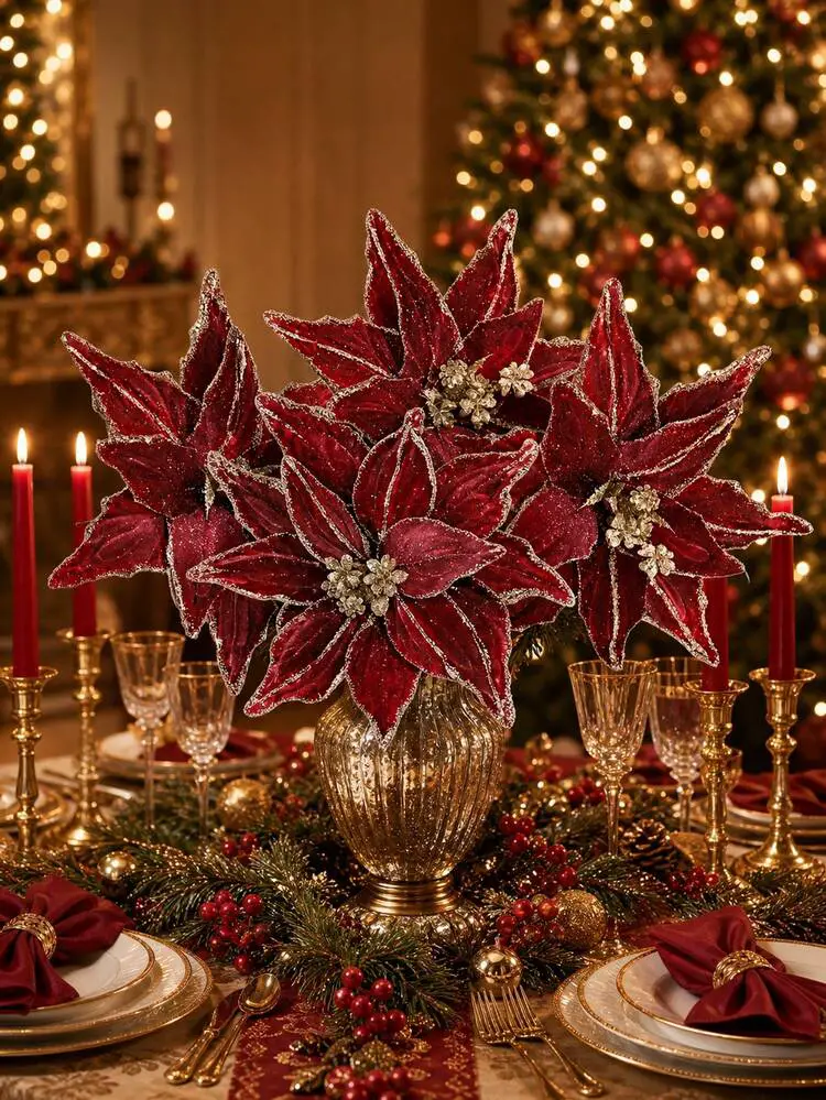 4pcs Velvet Christmas Poinsettia Burgundy Shiny Artificial Stem, Glitter Poinsettia Fake Flowers Christmas Tree Decoration, DIY Holiday Decor, Wreath, Home Decor, Fireplace Mantel, Winter Wedding ..
