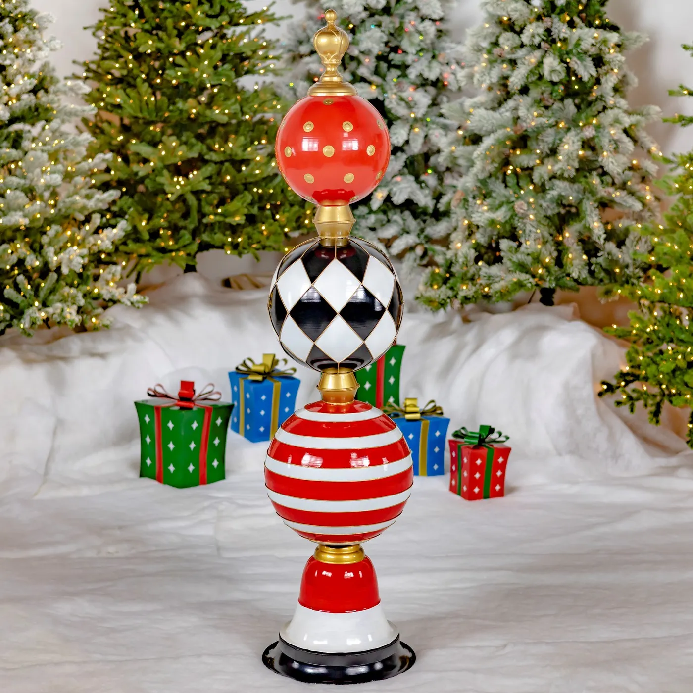 5.6 ft. Tall Iron Christmas Ornament Decorative Display Tower in Red, Black & White