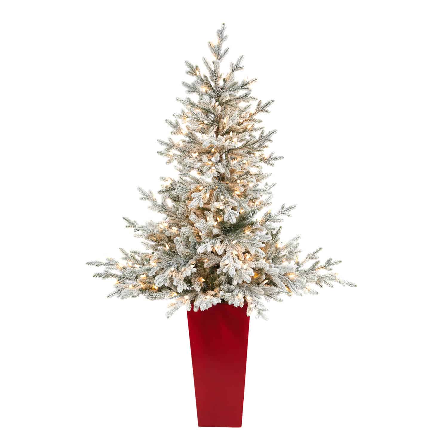 57” Flocked Fraser Fir Artificial Christmas Tree with 300 Warm White Lights  and 967 Bendable Branches in Tower Planter | Silk Flower Depot