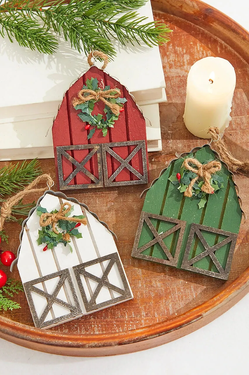 6' Wood & Metal Holiday Barn Ornaments White