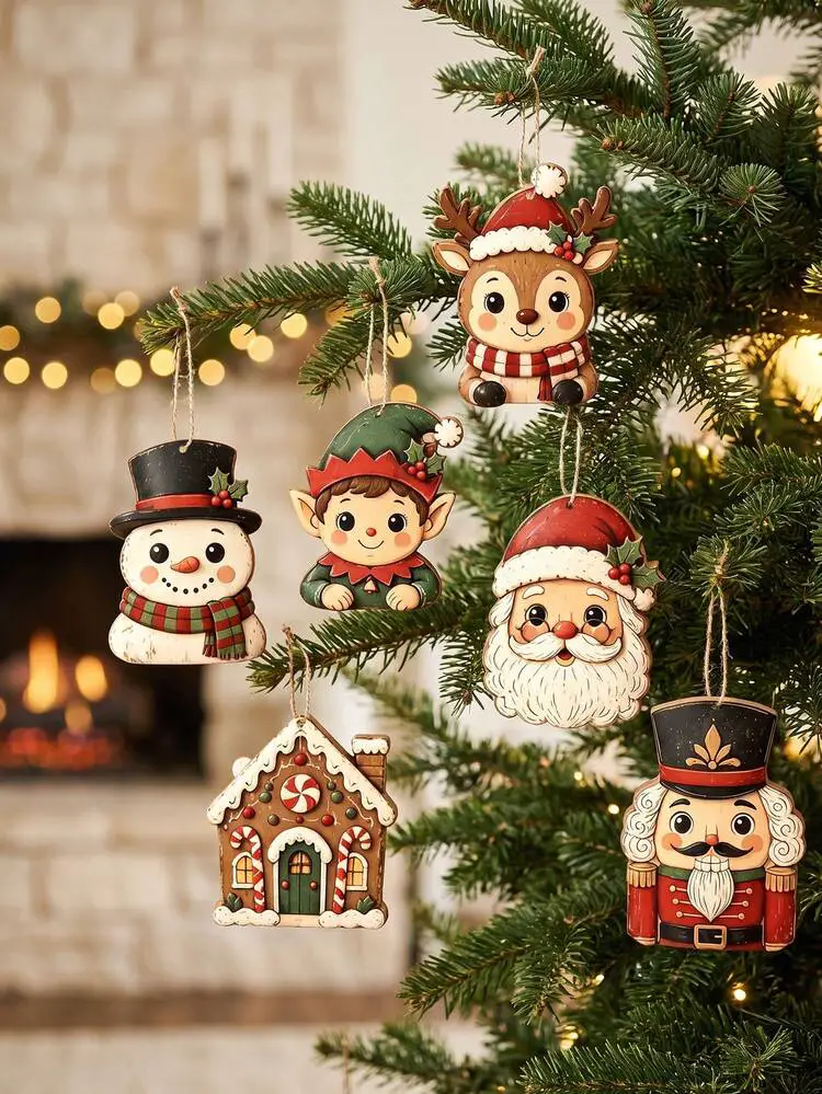 6pcs/1pc Vintage Christmas Wooden Hanging Ornaments, Cute Santa Claus  Snowman Reindeer Elf Nutcracker Gingerbread House Wooden Pendants, Rustic Christmas  Tree Decorations, Suitable For Holiday Party