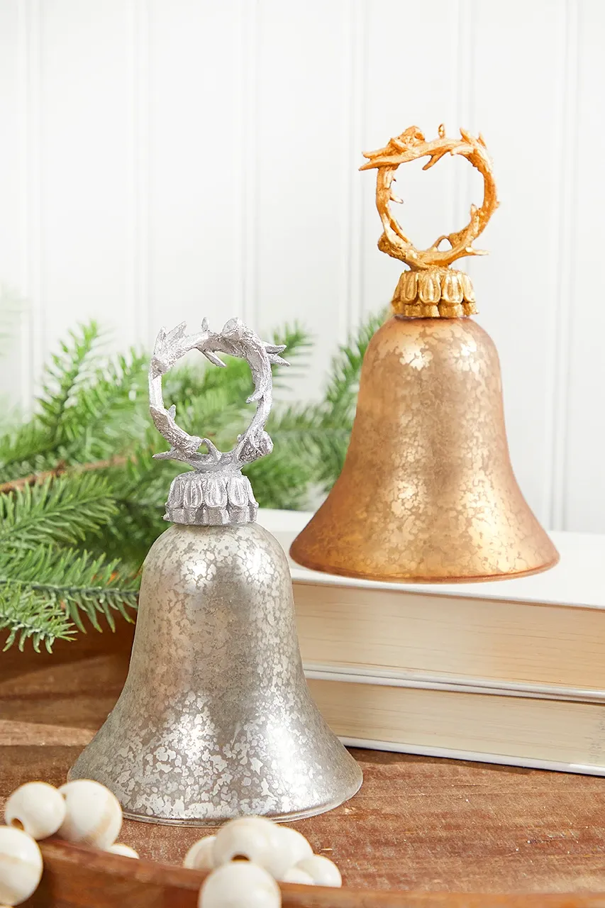 7' Gold/Silver Antler Bell Glass Ornament Silver