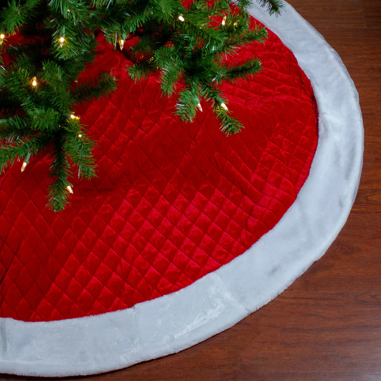 72' Red & White Quilted Christmas Tree Skirt with Faux Fur Trim | Christmas