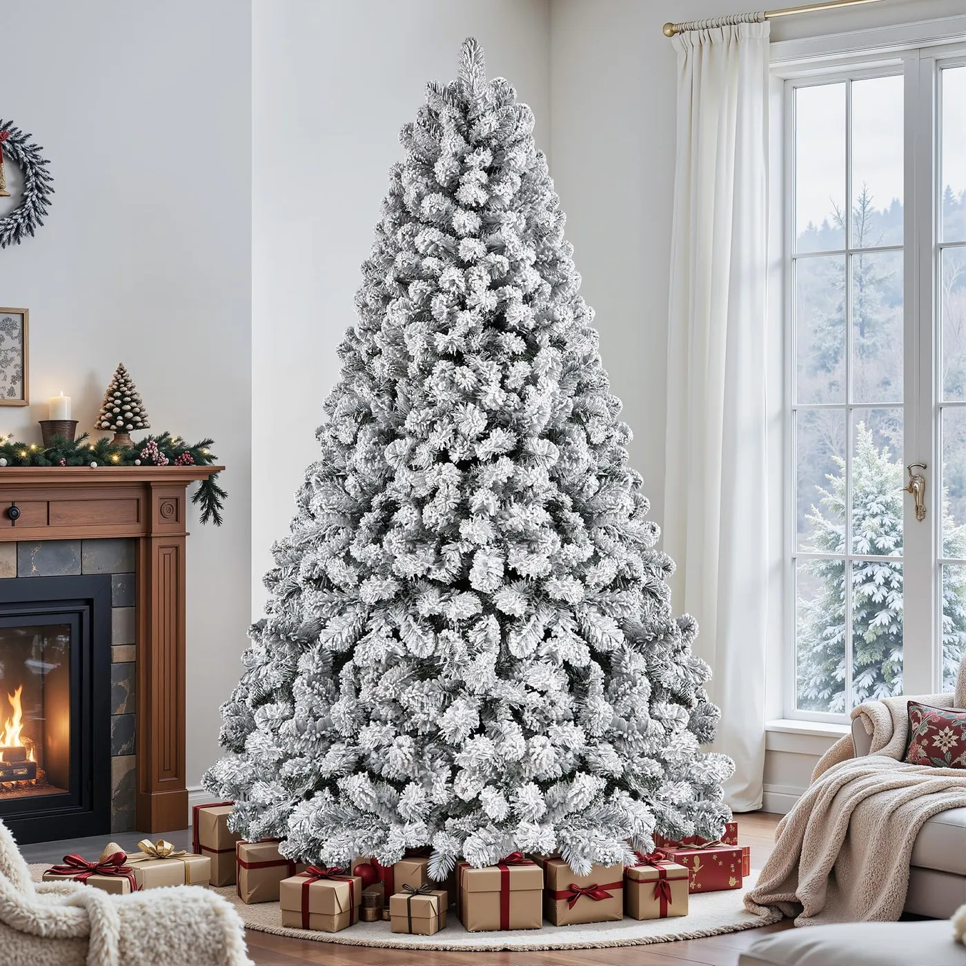 7ft Pre-lit White Flocked Spruce Artificial Christmas Trees with Warm White Lights