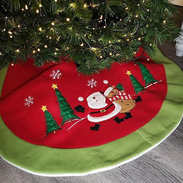 90cm Red Fabric Christmas Tree Skirt with Santa & Reindeer Scene