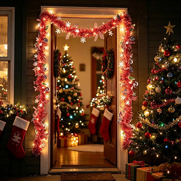 9.8FT Christmas Tinsel LED Garland,Red Snowflake Twisted Metallic Hanging  Garland for Christmas Tree Fireplace