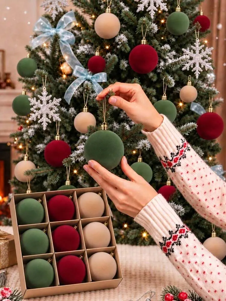9pcs Flocked Christmas Tree Ornaments, Velvet Christmas Balls, Christmas Ornaments, Flocked Christmas Tree Ball Ornaments With Hanging String, Shatterproof Plastic Material For Christmas Tree Decora