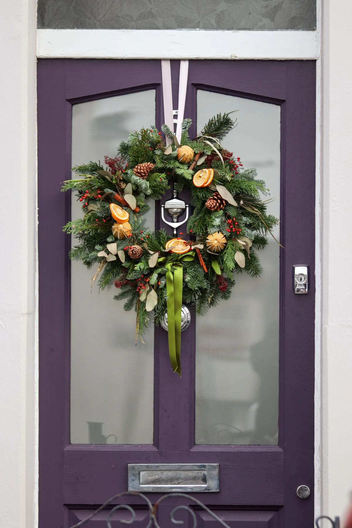 A traditional Christmas wreath on a purple door, perfect for winter holiday decor.