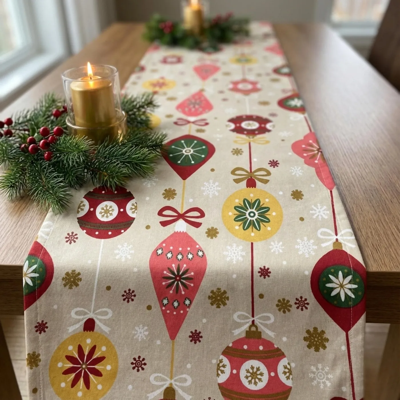 Beige Christmas Table Runner — Festive Ornament Print, Custom Sizes – StarLux Textiles
