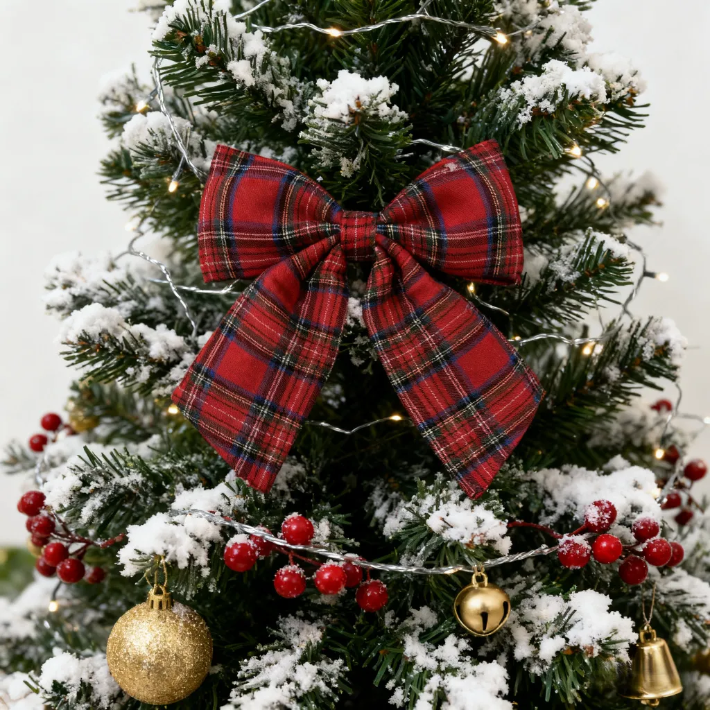 Big Red And Black Checkered Bow for Christmas Decoration - Scottish Tartan Fabric Bow with Fringed Edges, /Hanging Loop for Tree, Door, Wall, Stair Rail - Traditional Scottish Tartan Bow for Holiday