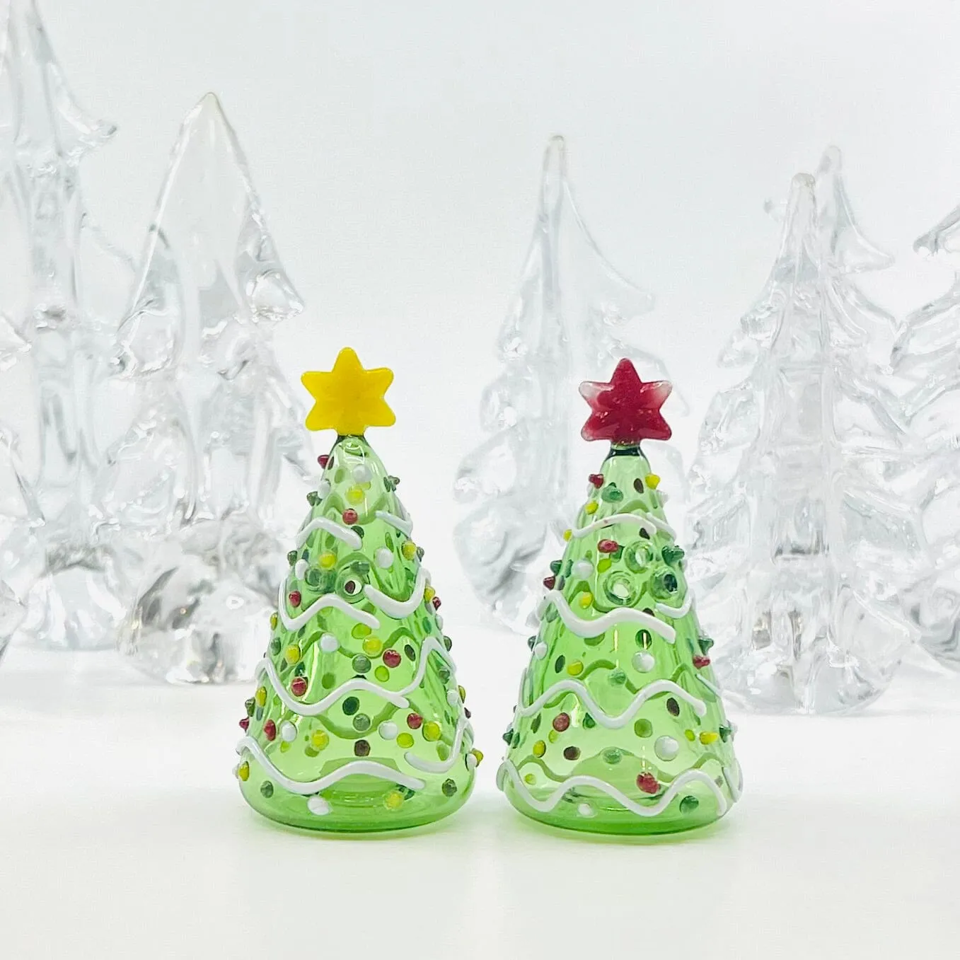Blown Glass Salt and Pepper Shakers, GREEN Trees - Luke Adams Glass Blowing Studio