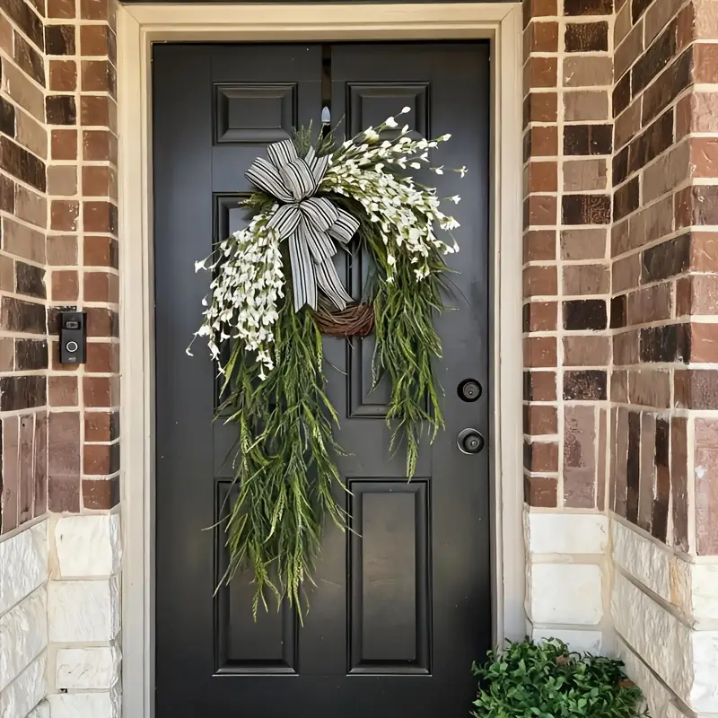 Boho Greenery Front Door Wreath with White Flowers & Striped Burlap Bow,  Rustic Floral Wreath for Entryway, Porch, Indoor Outdoor Spring Summer Home  Decor Christmas, Halloween