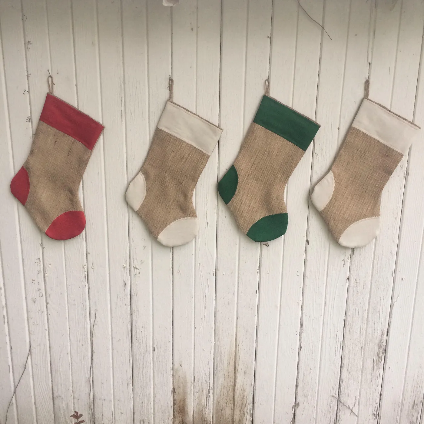 Burlap Christmas Stockings with Cuff & Patches Detail- Off-White/Green/Red  Cotton- Natural Burlap- Rustic-Cabin-Woodland-Holiday Decor