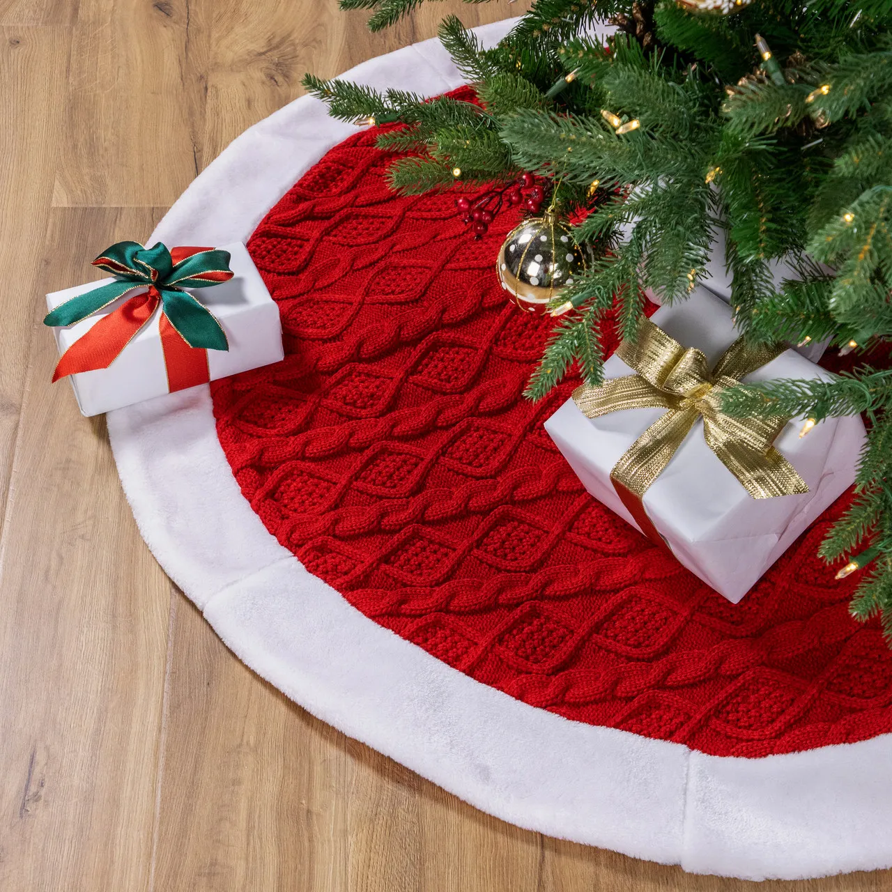 Cable Knit Christmas Tree Skirt - 48' - Red & White | Christmas