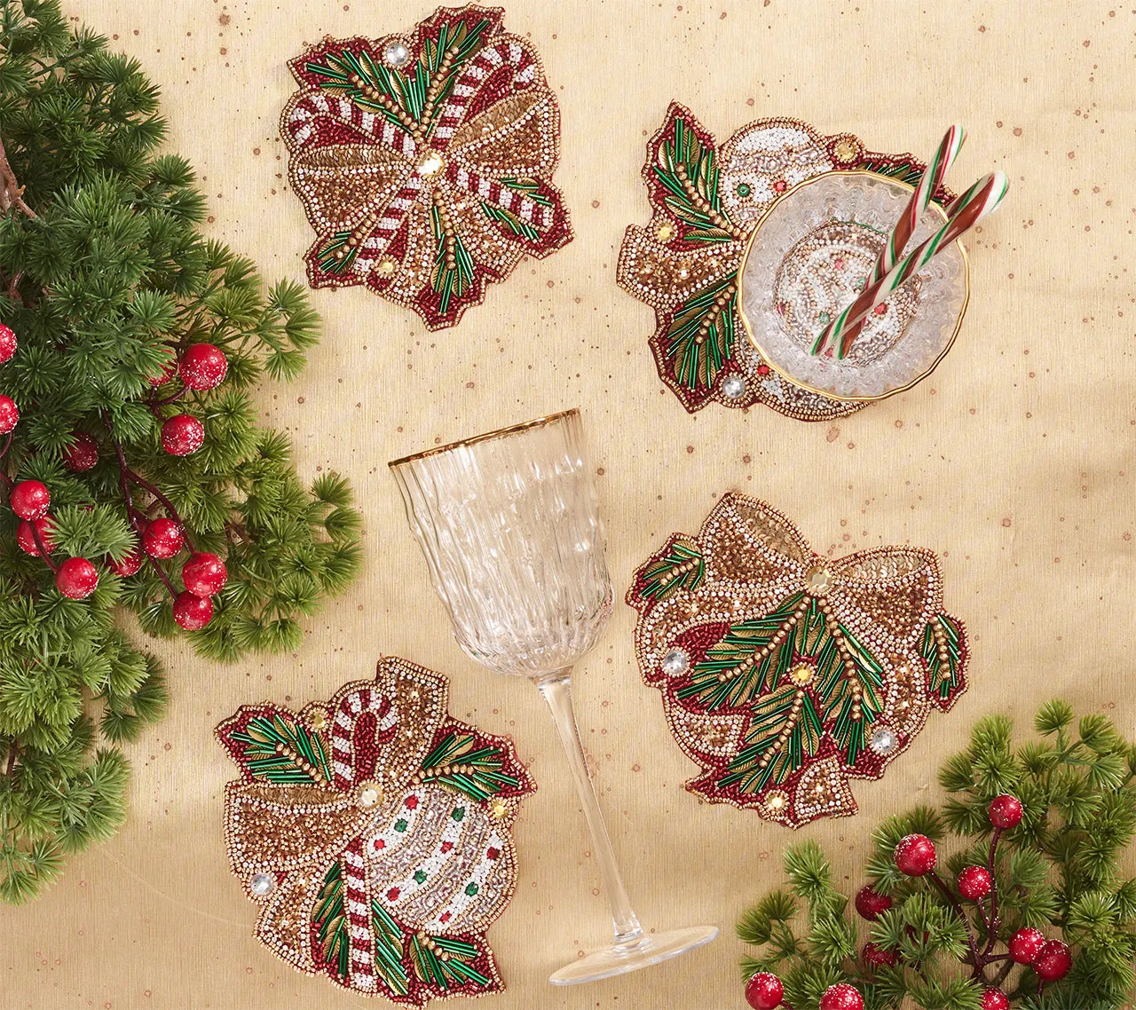 Candy Cane Bow Drink Coasters in Red, Green & Gold, Set of 4 in a Gift