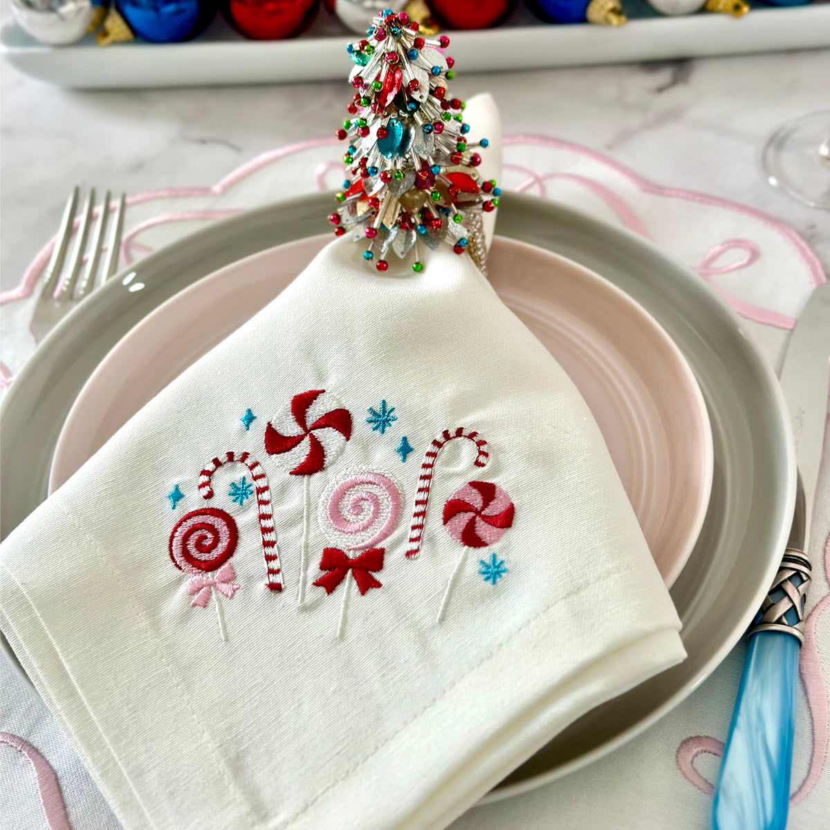 Candyland Embroidered Napkins Red/Green