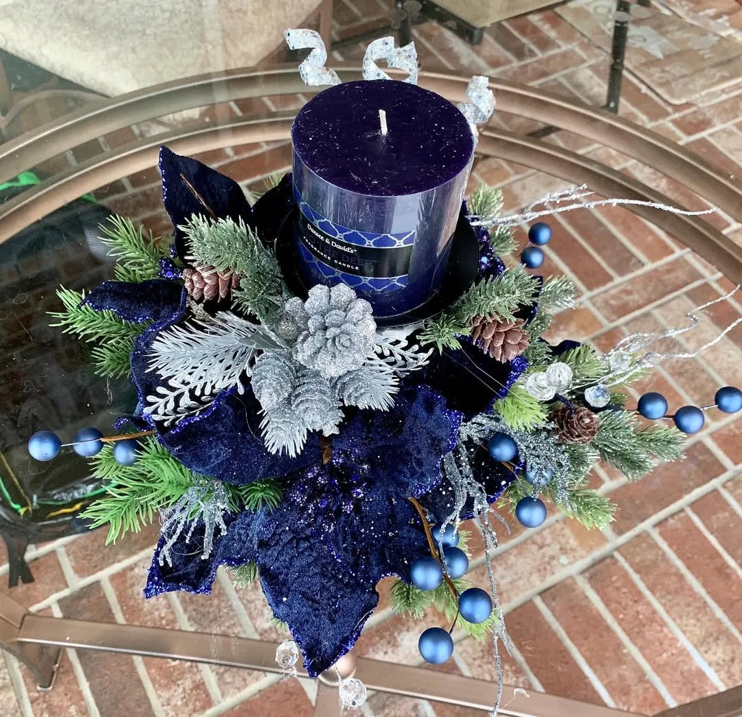 Christmas Blue Medium Round Décor Candles 15” Blue Pinecone Deco Mesh Candle  Arrangement/candle Not Included/