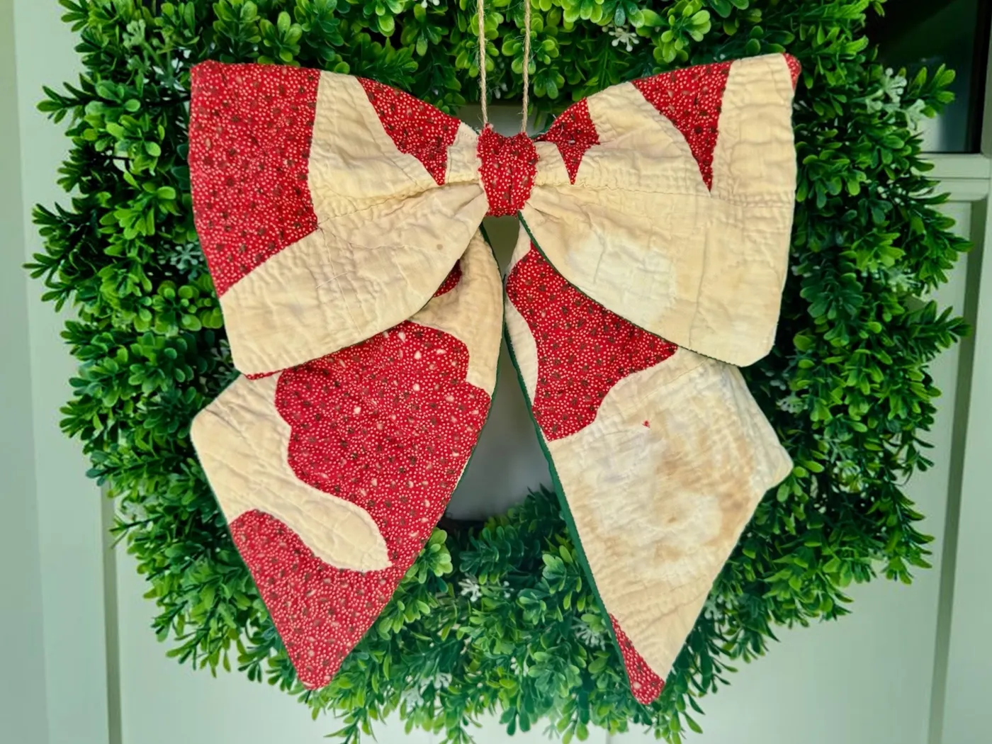 Christmas Bow | Antique Quilt Tree Topper |Farmhouse Cottage Door Wreath  Bow | Charmingly Tattered 1800s Hanging Bow, Handmade Bow, RARE 13”