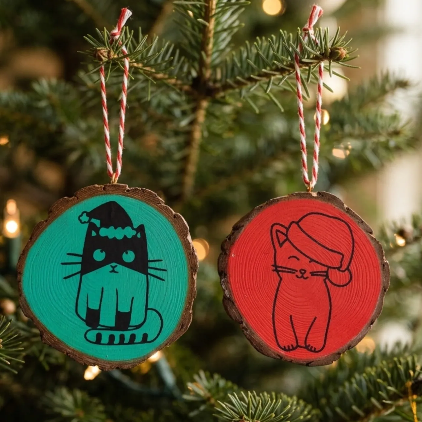 Christmas Cat Wood Slice Ornaments – Rustic Cat Lover Holiday Decor Red / Santa Hat Kitten