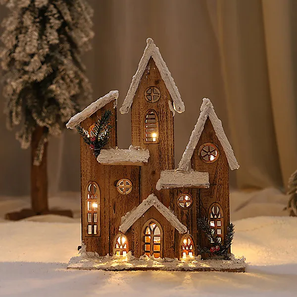 Christmas Luminescent Wooden House Snowy Cabin Tabletop Decor