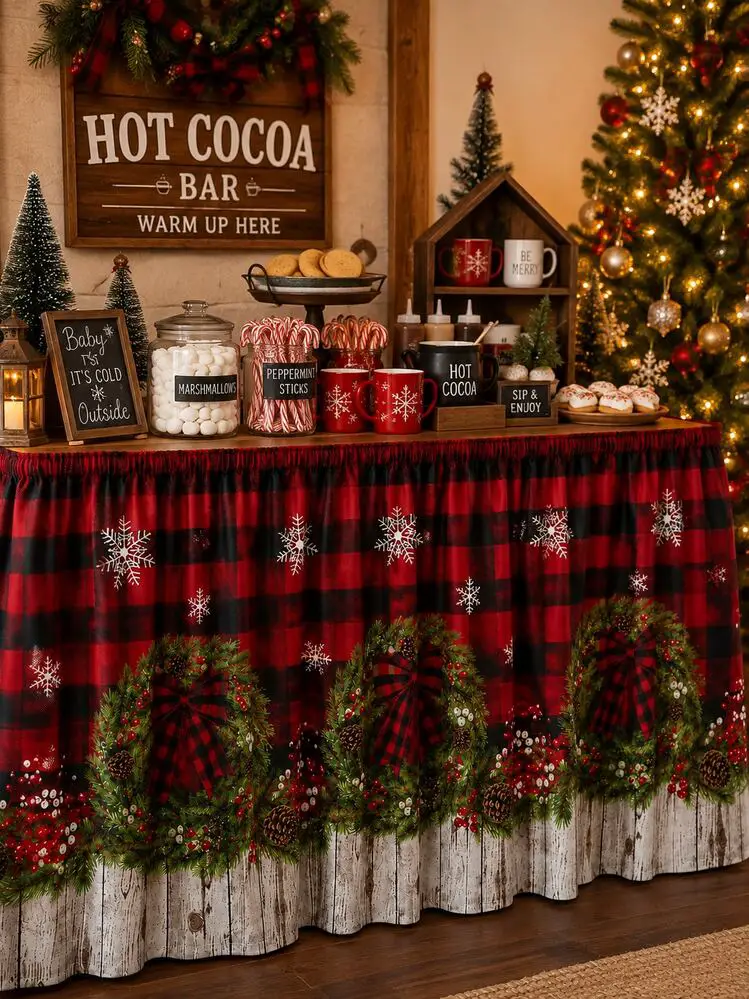 Christmas Table Skirt Red & Black Plaid Snowflake Wreath Pattern Decoration, Holiday Dining Table Decor, Rustic Vintage Christmas Style Table Edge Skirt, Winter Party Restaurant Home Decor, Suitable