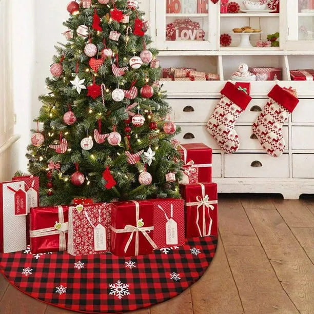 Christmas Tree Skirt Red and Black Buffalo Plaid Tree Skirt with Snowflake Pattern, Double Layer Christmas Tree Skirt for Christmas Decorations, Winter Home Decor Supplies for New Year year (12 - Wa