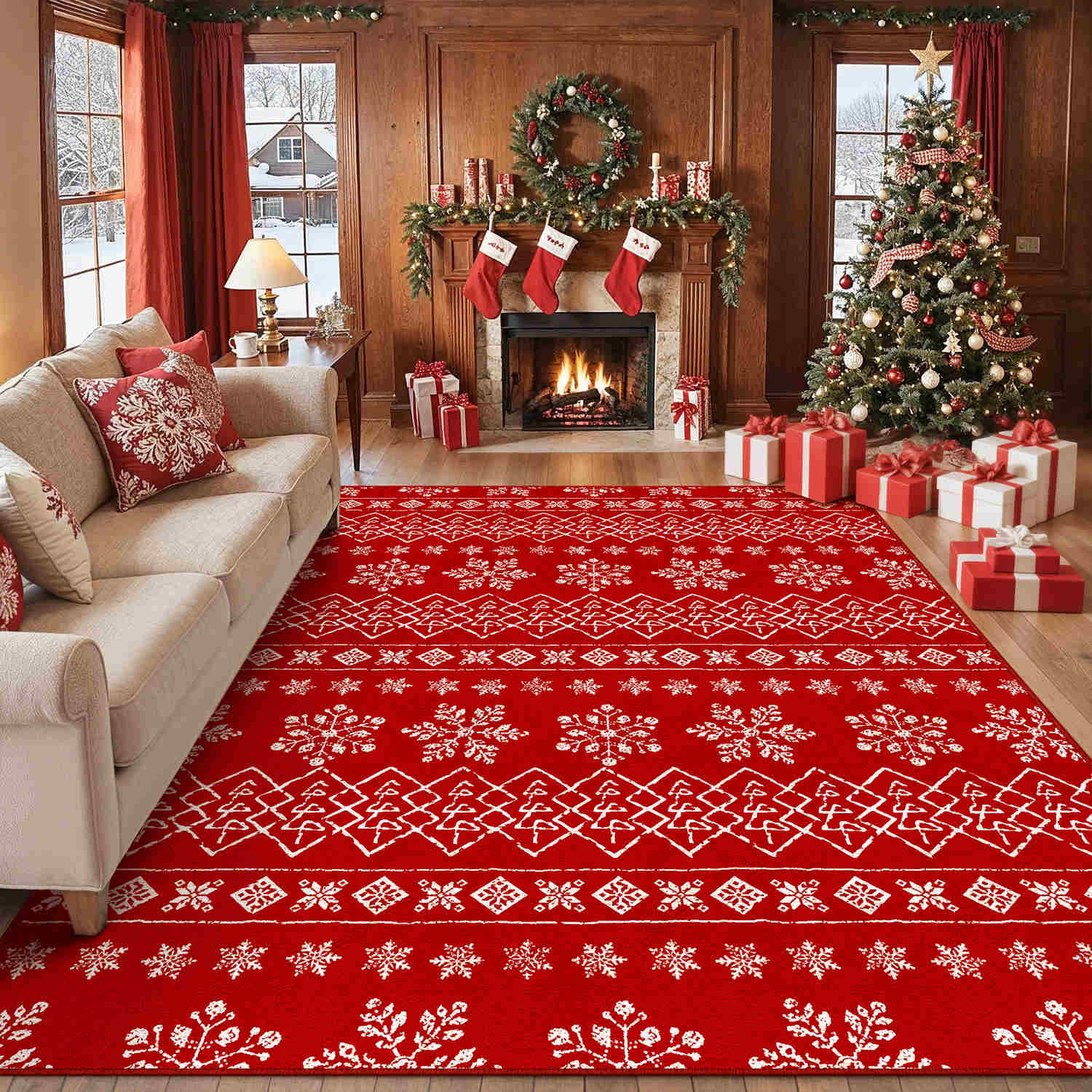Christmas Tree Snowflakes Washable & Pet-Friendly Red Rug – PureCozy