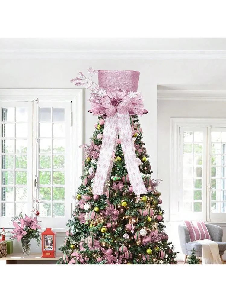 Christmas Tree Topper Bow, 9.8 Inch Glitter Christmas Tree Decoration With Bows & Decorative Spruce Branch, Xmas Holiday Decoration For Snowman | SHEIN USA