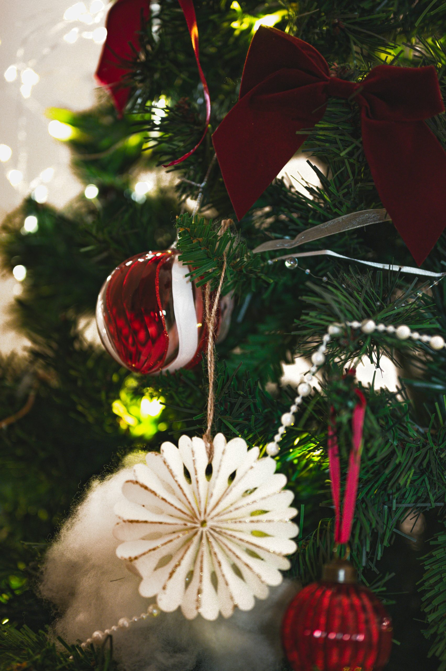Close-up of a decorated christmas tree with ornaments