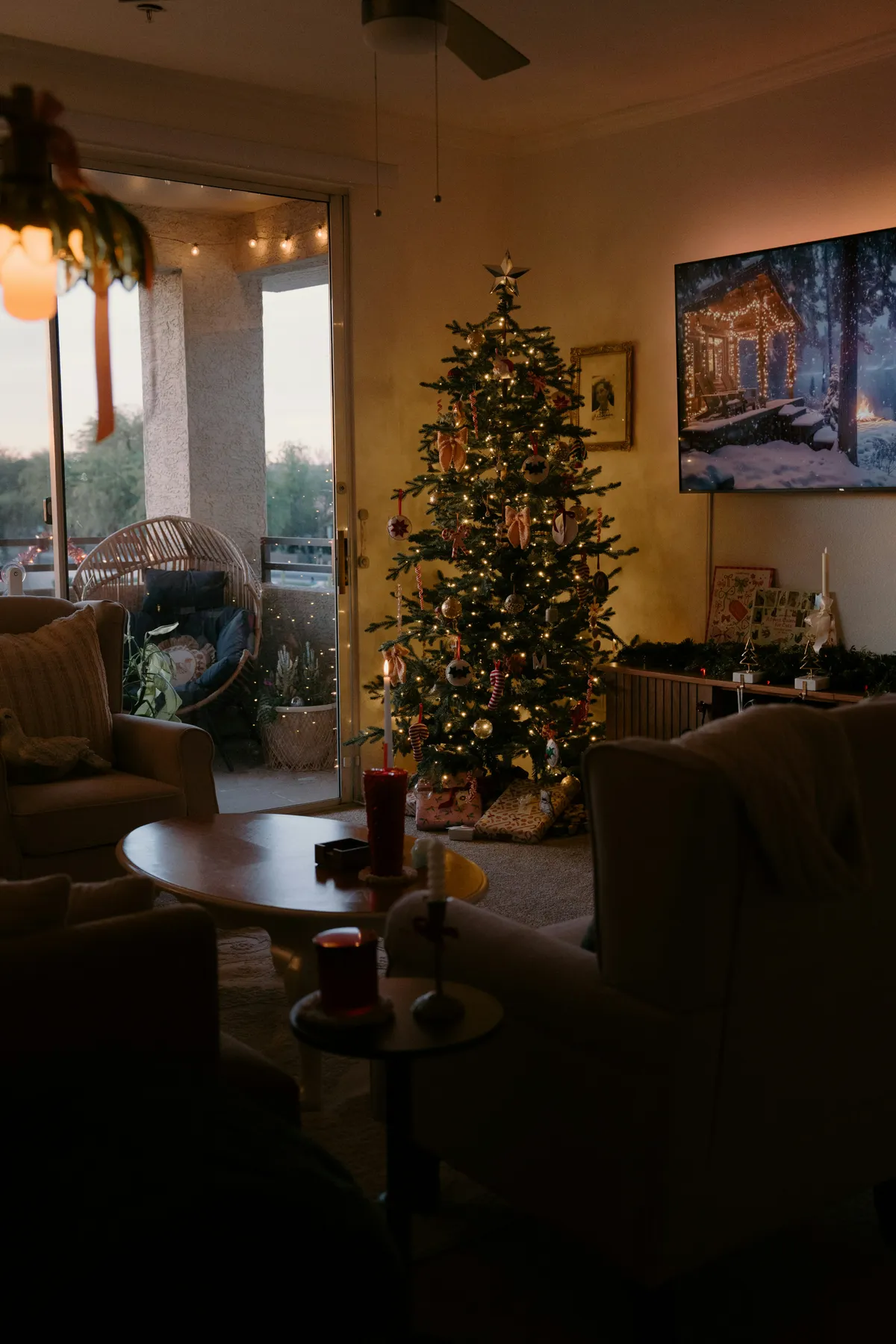 Cozy living room with a decorated christmas tree