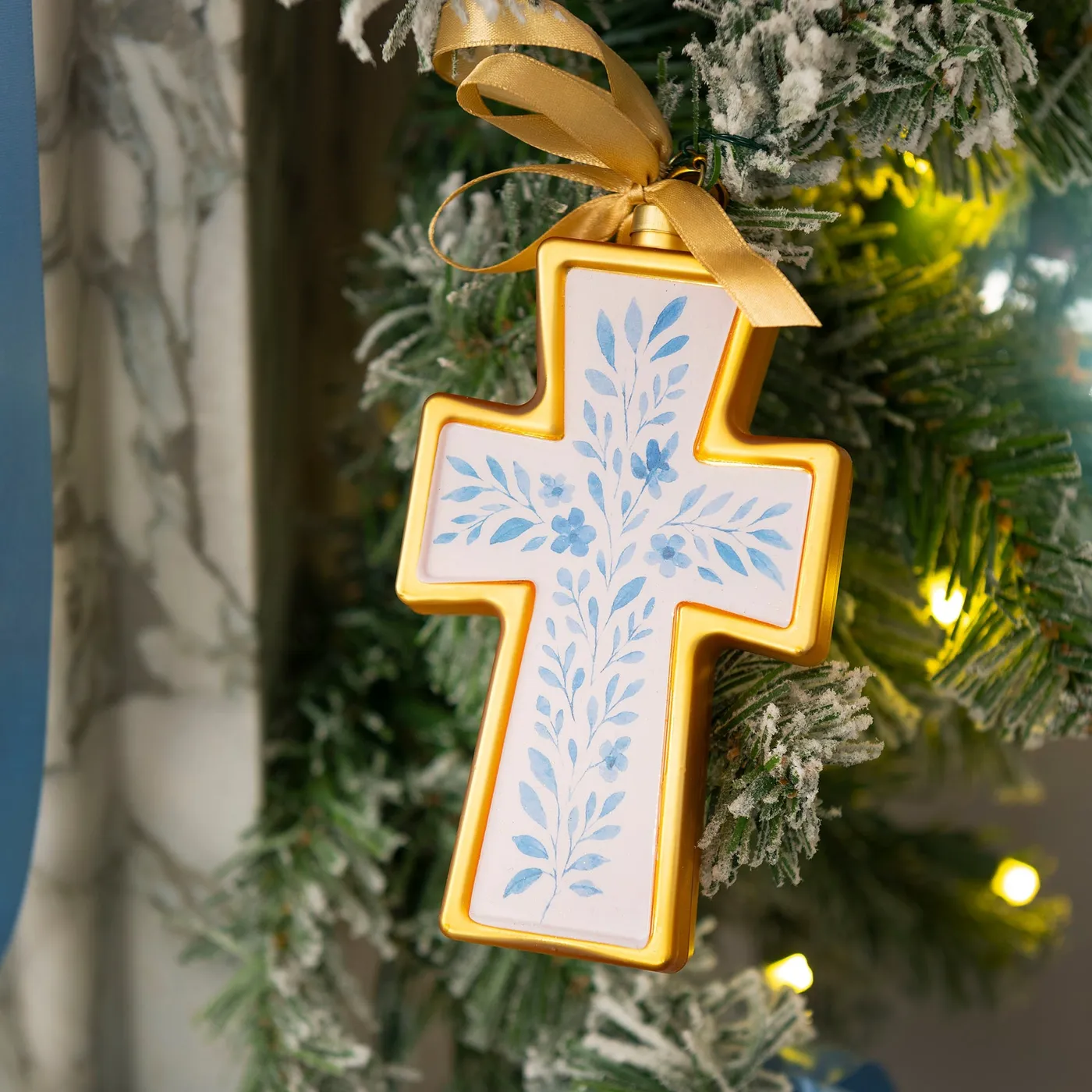 Cross Christmas Ornament | Floral Blown Glass | Faithful Christmas