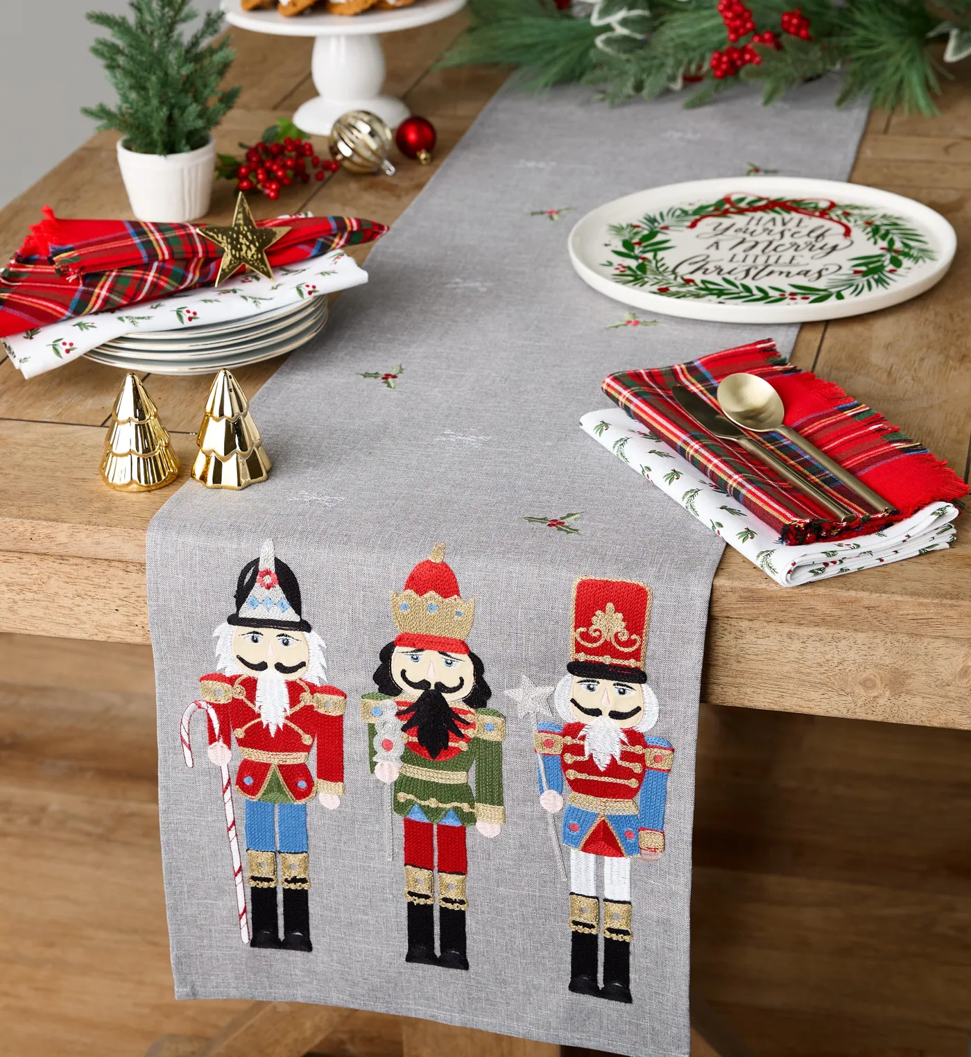 Design Imports Holiday Nutcrackers Embroidered Table Runner