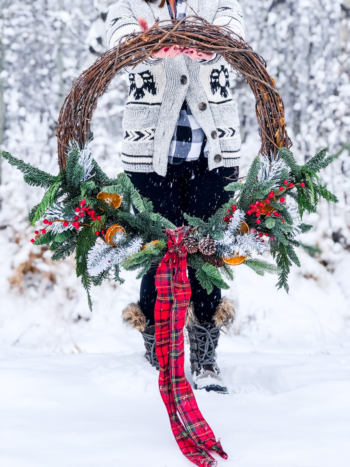 DIY Giant Evergreen Wreath with Plaid and Dried Oranges - A Pretty Life In The Suburbs
