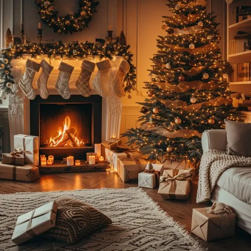 Download Cozy Holiday Evening Image - Christmas, Fireplace, Gifts |  StockCake