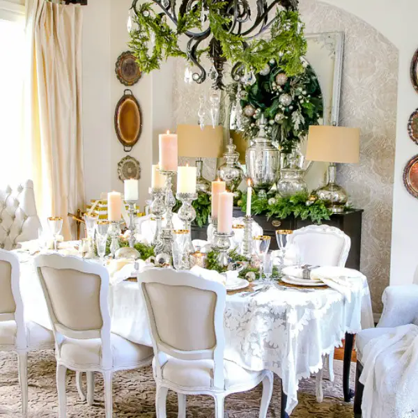Elegant White and Gold Christmas Dining Room and Table Scape