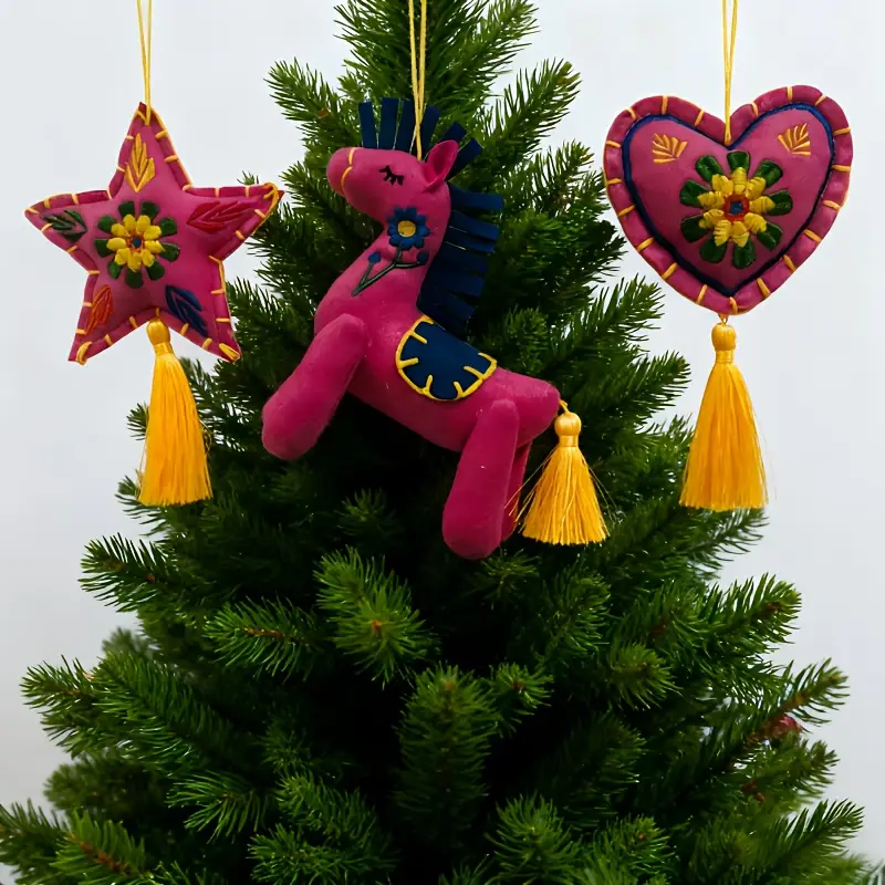 Embroidered Christmas Ornament Set of 2/3pcs, Handmade Fabric Star, Heart,  and Pony Pendants with Tassel Embroidery for * Decor