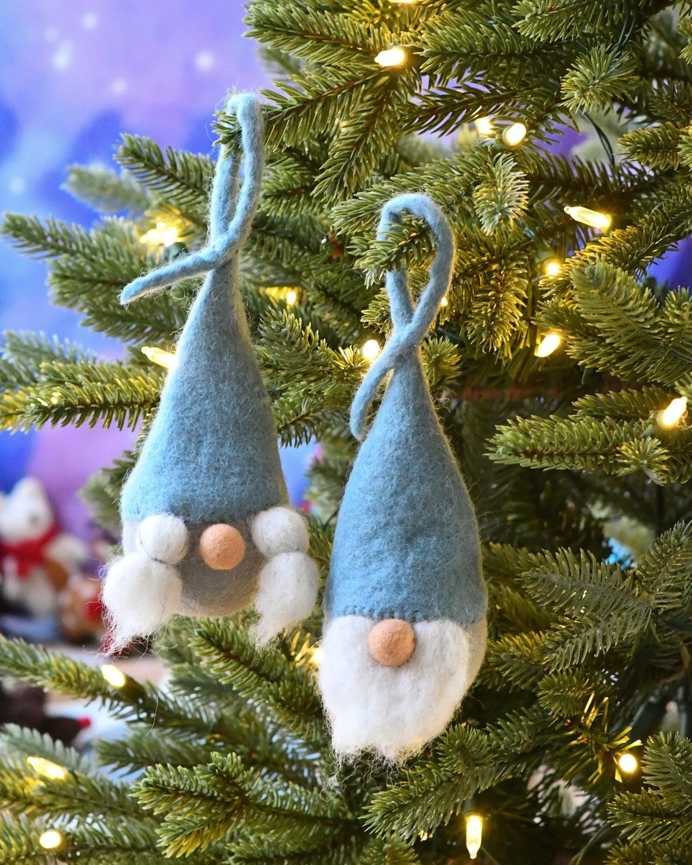 Felt Christmas Grey-Blue Santa Gnome Baubles (Pair) | Tara Treasures | Felt Play Food, Baby Cot Mobiles, Finger Puppets, Cat Caves, Kids Felt Toys