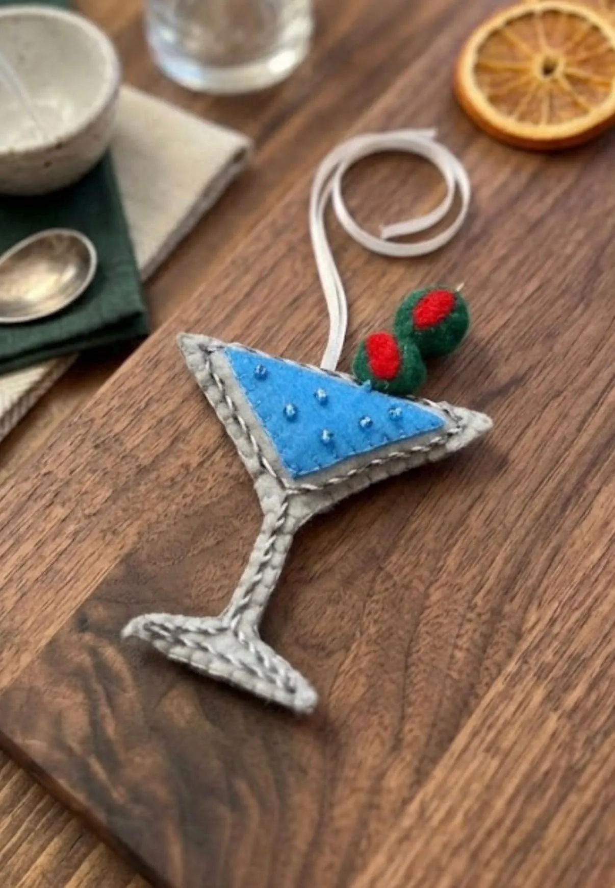Felt Martini Christmas Ornament, Blue Cocktail Decor with Olives and Beads,  Handmade Bar Cart Ornament, Hostess Gift for Drink Lovers